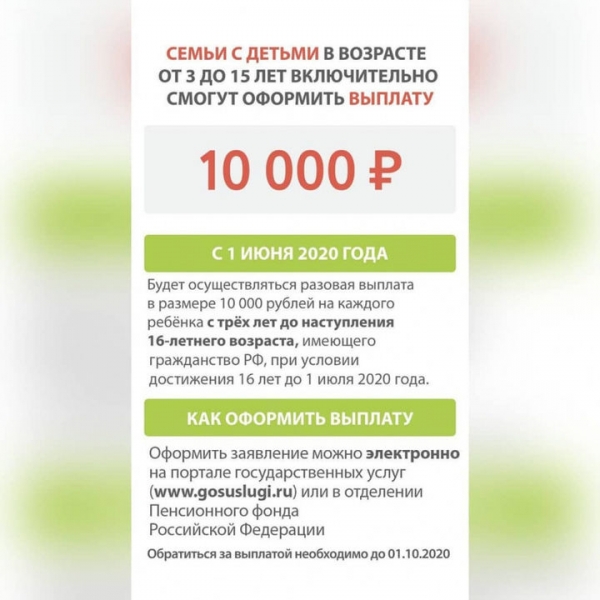 1 июня семьям в Подмосковье будут выплачивать по 10 тыс руб на каждого ребёнка в возрасте от 3 до 16 лет